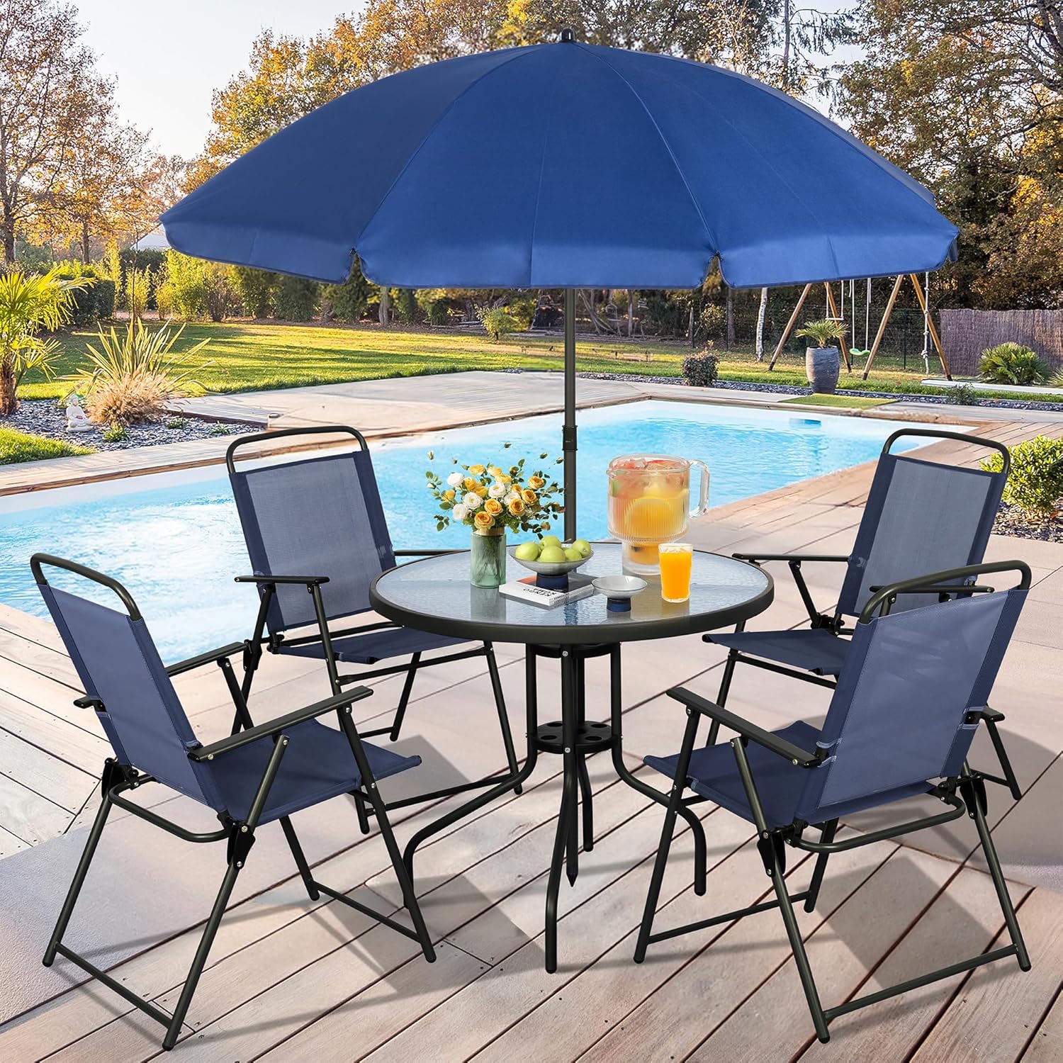 6 Pieces Folding Patio Dining  - Outdoor Furniture With Umbrella ulasan dan harga